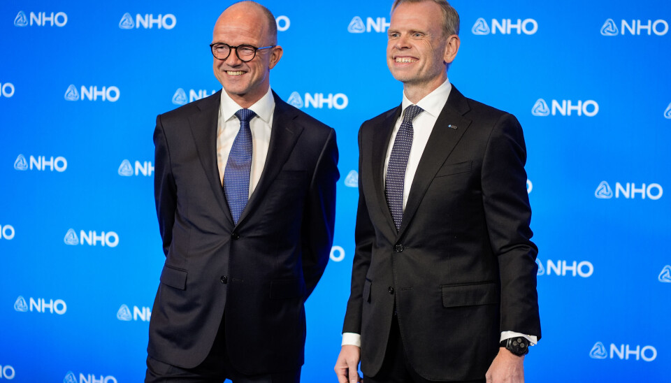 NHOs administrerende dirketør Ole Erik Almlid og NHO-president Svein Tore Holsether før NHOs middag i Oslo Spektrum tirsdag kveld.