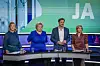 Frp-leder Sylvi Listhaug, Høyre-leder Erna Solberg, KrF-leder Dag-Inge Ulstein og Venstre-leder Guri Melby under den direktesendte partilederdebatten på TV2