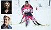 Skiskytter i rosa og svart drakt på snø, med to små portrettbilder til venstre.