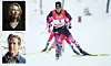Skiskytter i rosa og svart drakt på snø, med to små portrettbilder til venstre.