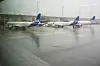 SAS-fly står på våt flyplassramp i regnvær på Gardermoen.