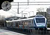 Go-Ahead-tog ved Jåttå jernbanestasjon med perrong, klokke og kontaktledninger.