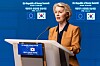 Ursula von der Leyen speaks at a podium during an EU–Republic of Korea summit media briefing in Brussels.