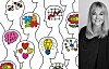 Illustrasjon av profiler med ikoner som puslespill, grafer, lyspære og hjerter, ved siden av et portrett i svart-hvitt.