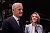 Jonas Gahr Støre og Sylvi Listhaug sammen etter en partilederdebatt i Oslo