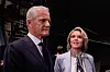 Jonas Gahr Støre og Sylvi Listhaug sammen etter en partilederdebatt i Oslo