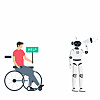 Illustrasjon av rullestolbruker med hjelpeskilt og humanoid robot med megafon.