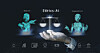 Mørk teknologisk illustrasjon med AI-tekst, lysende vektskåler og to cyanfigurer.