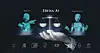 Mørk teknologisk illustrasjon med AI-tekst, lysende vektskåler og to cyanfigurer.