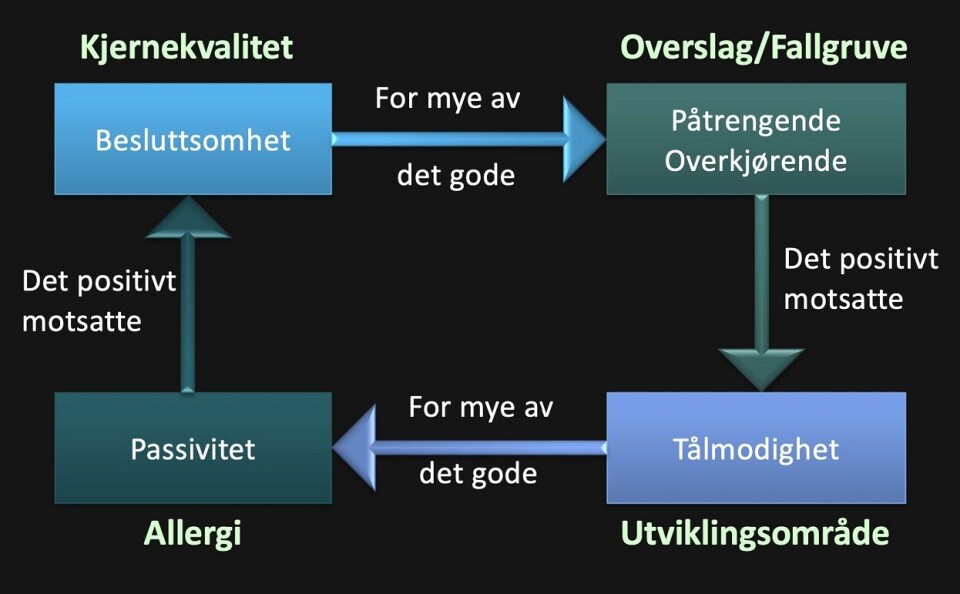 Kjernestyrkene våre har en slagside, ved at de er enkle å gripe til. Når vi overforbruker styrken, kan det bikke over i det Ofman kaller et «overslag», skriver kronikkforfatteren. Illustrasjon: Mariann Crantz