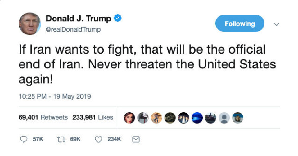 Foto Donald Trump twitret om Iran sist helg.