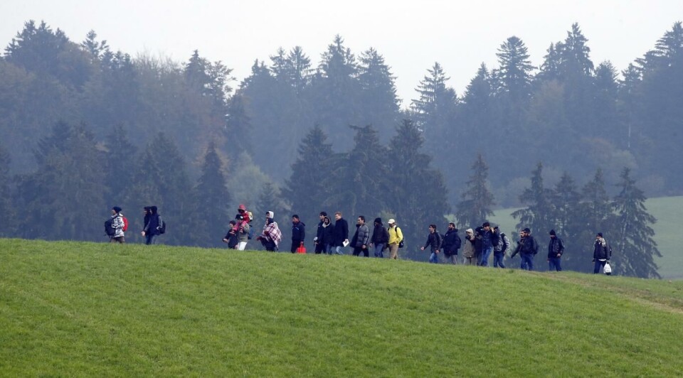 Foto fra i sommer der en gruppe flyktninger passerer over et jorde i den østerrikske byen Kollerschlag mot den tyske grensen. Nå vil EU stenge den såkalte Balkanruta.