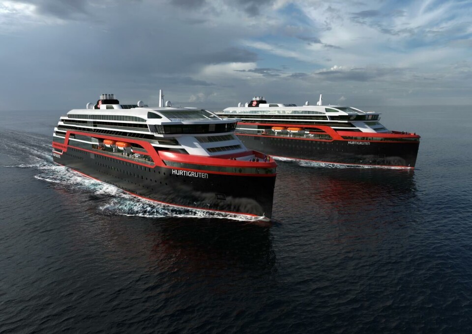 Illustrasjonsbilde av de nye Hurtigrute skipene. I april offentliggjorde Hurtigruten og Kleven en intensjonsavtale om å bygge to nye hurtigruter som skal leveres i 2018 og 2019.